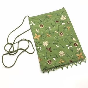 Crossbody Small Green Floral Silk Purse Handbag